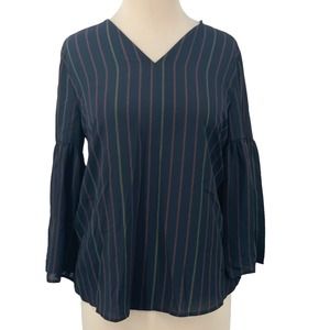 NWT Van Heusen V-Neck Pullover Blouse‎ 3/4 Bell Sleeve Navy Vertical Striped XS